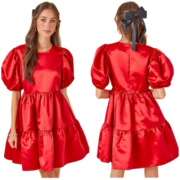 Literallysocute Dresses & Skirts - Satin Tiered Puff Sleeve Mini Dress Red